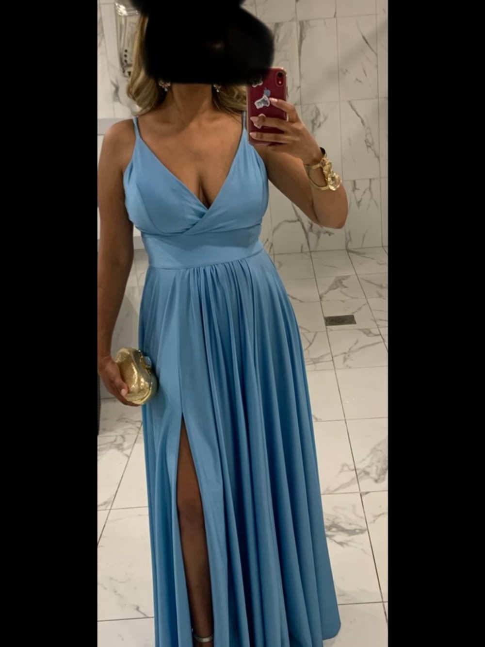 Jessica Angel Satin Light Blue V-Neck Spaghetti Strap Dress